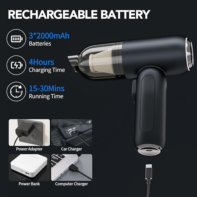 Handheld Vacuum Cordless, Car Vacuum with Brushless Motor & 16KPa Strong Suction, 4 in 1 Rechargeable Mini Vacuum Cleaner with LED Light, Hand Held Vacuum for Car Home Office and Pet, Black