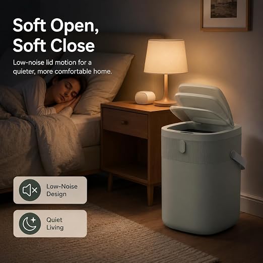 WM-DZT-12-36S Smart Motion Sensor Trash Can, Ultra-Quiet Soft-Close | Long Battery Life | Built-in Bag Storage & Portable PU Handle (Greyish Green)