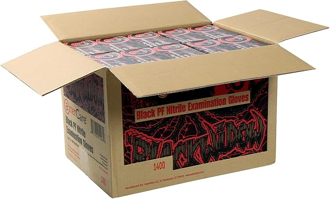 AmerCare Black Widow Powder Free Nitrile Gloves, Large, Black, Case of 1000