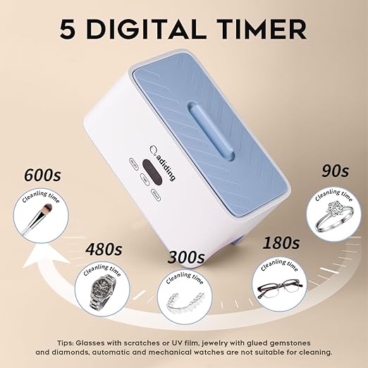 Adiding Jewelry Cleaning Machine, 1000mL (33.8oz) Sonic Retainer Ring Cleaner with 5 Time Mode and Degassing Function Ultrasonic for Glasses, Earrings, Necklaces, Denture, Coins, Pacifier, Blue
