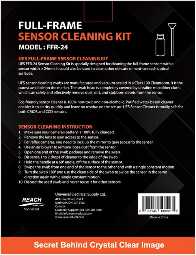 UES FFR24 Full Frame Camera Sensor Cleaning Kit: 14 x 24mm Sensor Cleaning Swabs and 15ml Sensor Cleaner Liquid Solution for Sony Nikon Canon Full-Frame DSLR & Mirrorless CMOS CCD