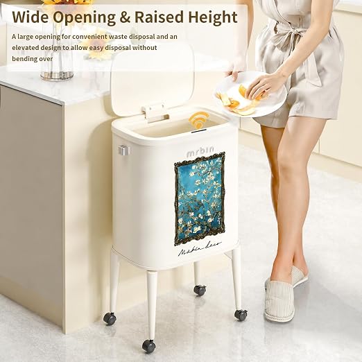MRBIN Metal Motion Sensor Kitchen Trash Can with Wheel Legs, Medium Press Lid Slim Waste Basket 36L / 9.5gal, Narrow Garbage Pail for Vanity, Bedroom, Bathroom, Living Room, Almond Blossom