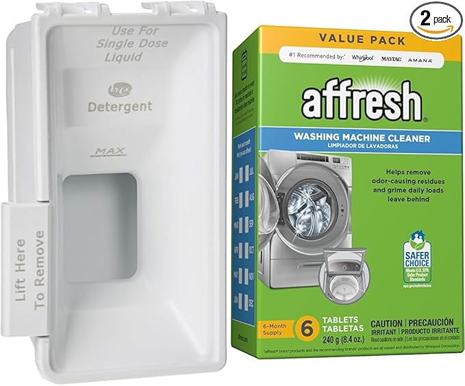 Whirlpool W10340677A Dispenser Cup & Affresh Washing Machine Cleaner, Cleans Front Load and Top Load Washers, Including HE, 6 Tablets