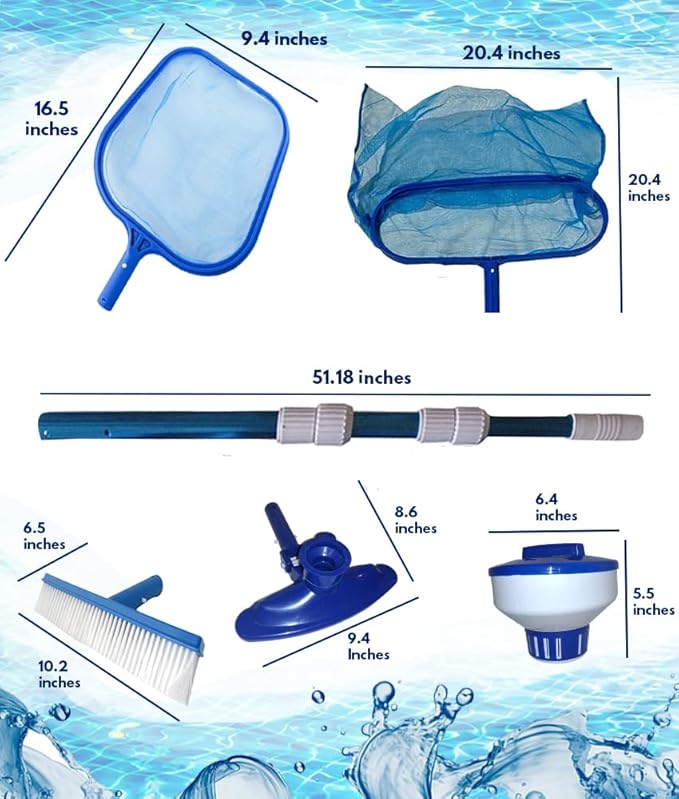 FibroPool Above Ground Pool Maintenance Kit – Telescoping Pole, Leaf Skimmer Net, Vacuum Head, Pool Brush, Floating Chlorinator & Test Strips – Easy Clean Kit for Inflatable & Soft-Sided Pools