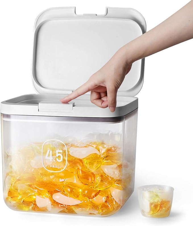 LivLab Mker Laundry detergent dispenser with One-Press Lid,for laundry room organization,Clear PET laundry powder container with Measuring Cup,laundry pods container 4.5L/10Lbs/160oz(220 Pods)