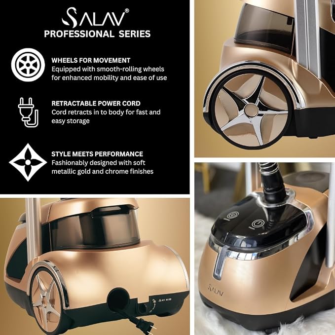 SALAV Deluxe Limited Edition Professional Series Dual Bar Garment Steamer with Foot Pedals & 3 Decalcifier Packets, Stainless Steel Plate, Retractable Cord, 1.8L Tank, 1500 watts, 60+mins of Steam