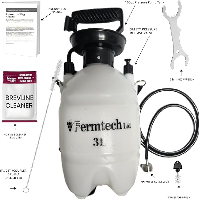 Beer Keg Line Cleaning kit Faucet Adapter - Hand Pump Pressurized - Easy Safe to Use Keg Cleaner - w/Brush, Wrench, Faucet Plug Brush, Ball Lifter, Instructions Manual and. 4oz Cleaner.