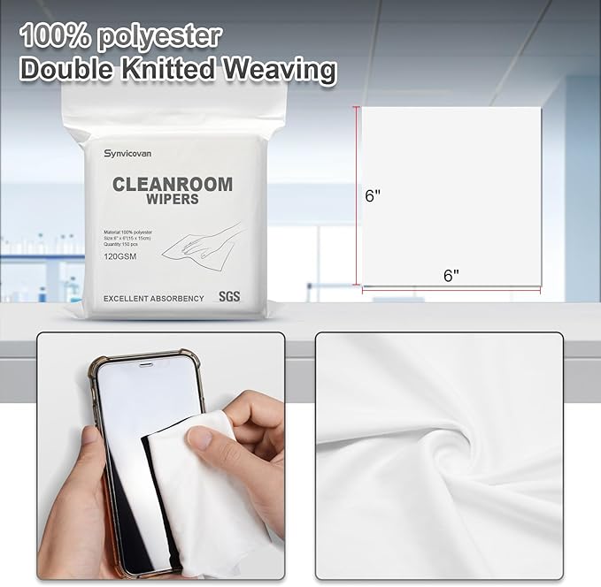 Cleanroom Wipers 6"x6"(150 Pcs, 100% Polyester, Class 100, 120GSM) Double Knit 100% Lint Free Cloths with Ultra-fine Filaments, Laser Sealed Edge Ultra-Soft Wipers