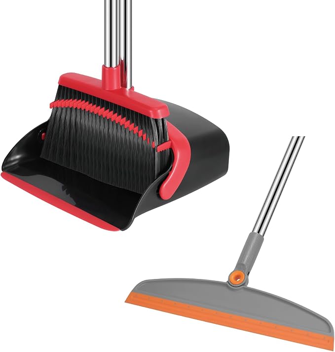 Broom and Dustpan Set, Long Adjustable Handle Broom Dustpan Combo with Dustpan Teeth to Automatically Clean Hair+Multifunction Silicone Broom, Silicone Floor Squeegee Broom for Home Bathroom, Kitchen