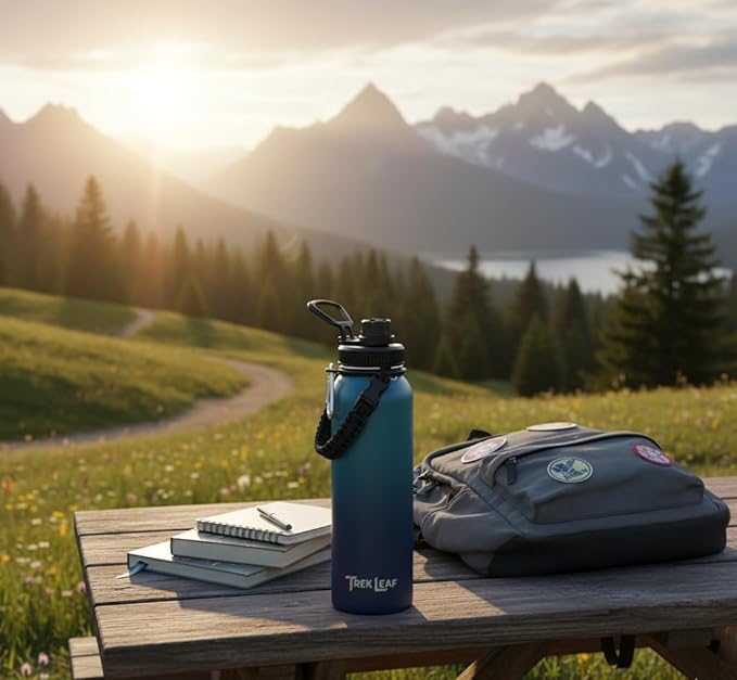 Travel Water Bottle with Carrying Bag, 3 Lids (Spout, Straw, Handle), and Bottle Brush; Leak Proof, Quality, Vacuum Insulated, Stainless Steel (Deep Water, 40 oz)