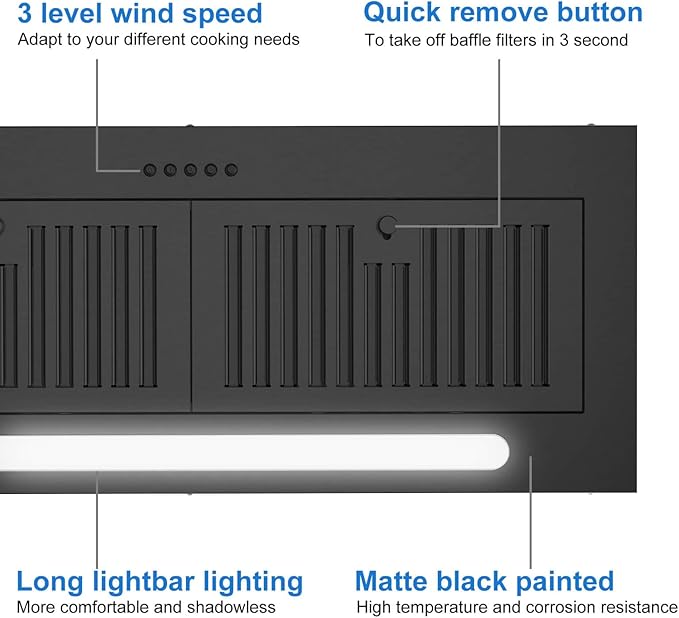 JOEAONZ Range Hood Insert 30 inch, 600 CFM Built-in Kitchen Exhaust Fan Matte Black Stainless Steel, Long Led Light Push Button Vent Hood with Baffle Filter, Kitchen Hood Ducted/Ductless Convertible