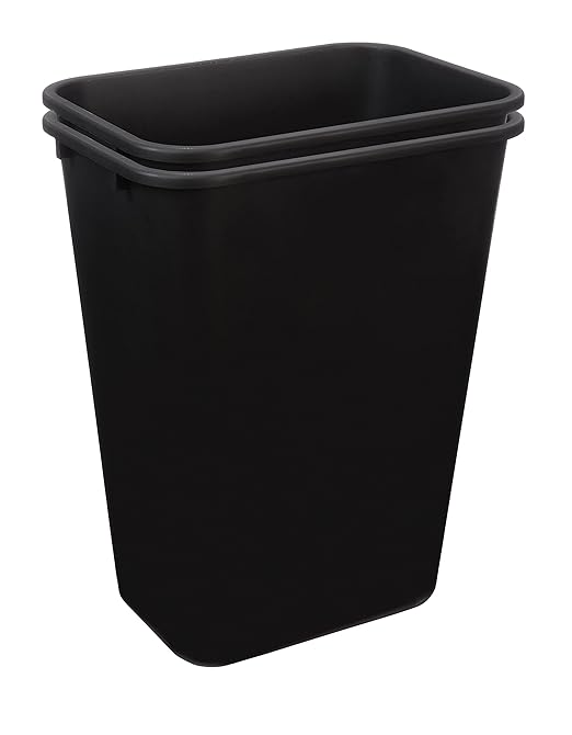 Amazon Basics Rectangular Plastic Office Wastebasket, Easy to Clean, 10 Gallon, Black, 2-Pack
