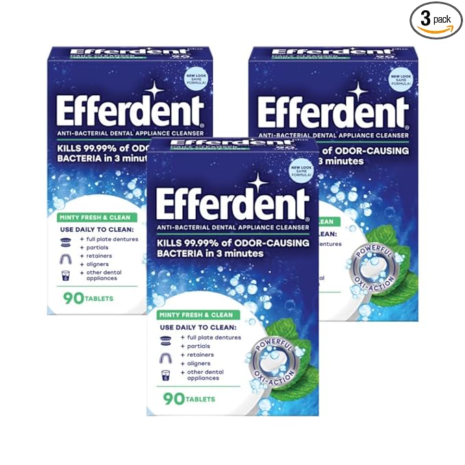 Efferdent Retainer Cleaning Tablets, Denture Cleaning Tablets for Dental Appliances, Minty Fresh & Clean, 90 Count. (Pack of 3)