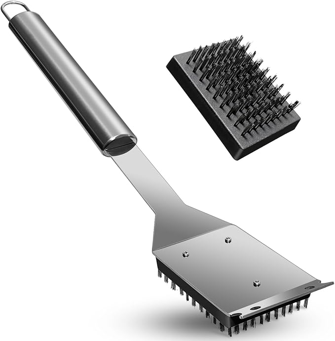BBQ Grill Brush and Scraper, Heavy Duty Grill Cleaner with Stainless Steel Handle, Replacement Brush Head Included, Grill Cleaning Brush for Gas, Charcoal & Smoker Grill Grates （15 inch）