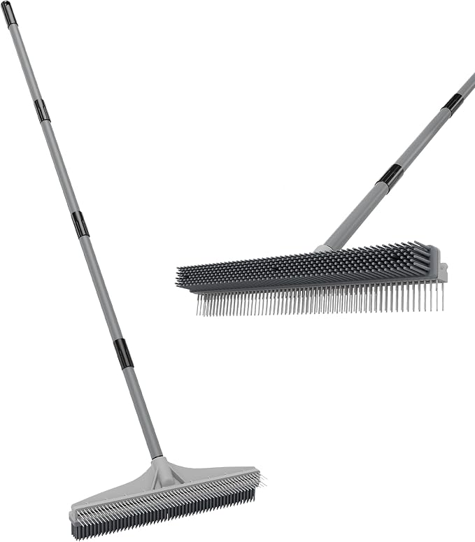 Walensee Carpet Rake for Pet Hair Removal, 2 in 1 Rug Rake to Fluff Carpet with Nylon Groomer Brush, Adjustable Long Handle for Shag Rugs, Stairs, Mats and Floors, Rubber Broom