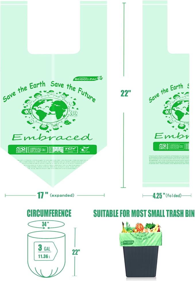 BEIDOU-PAC 100% Compostable Trash Bags, 3 Gallon Compost Bags Small Kitchen Trash Bags with Handle, 100 Count Sturdy Biodegradable Garbage Bags Food Scrap Waste Bags, ASTM D6400, US BPI Certified