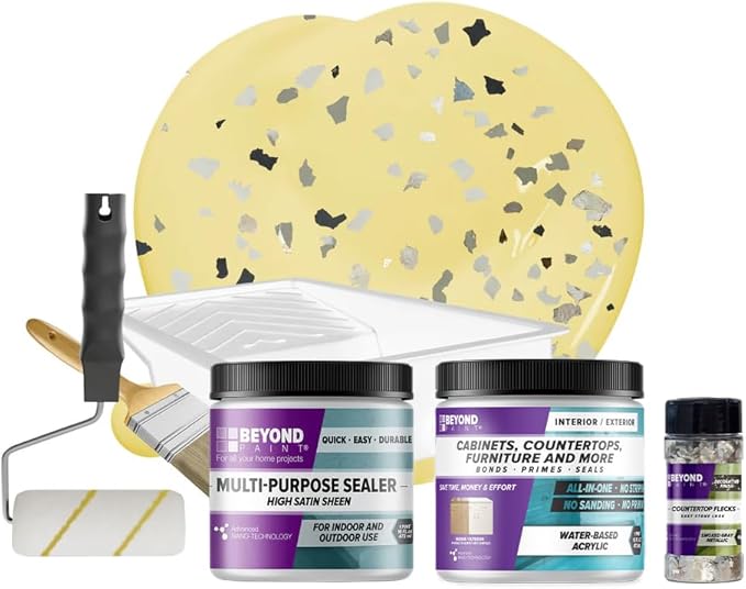 Beyond Paint Smoked Gray Flecks Countertop Makeover Kit with Paint, Sealer, Flecks, and Tools for Countertops, Buttercream