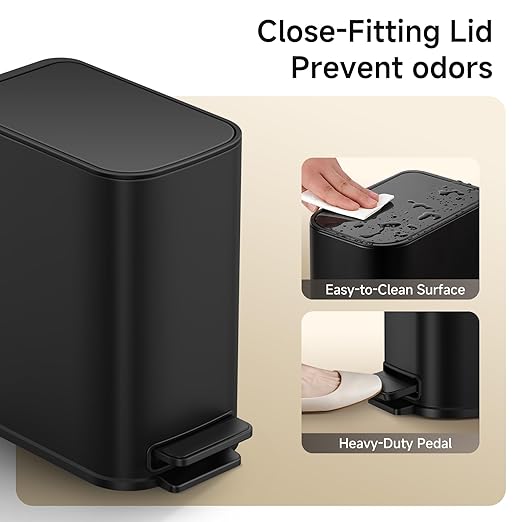 TIPGO Small Bathroom Trash Can with Lid Soft Close, Step Pedal, 1.3 Gallon / 5 Liter Stainless Steel Slim Garbage Can for Office, Diaper Waste Basket with Removable Inner Bucket (Matte Black)
