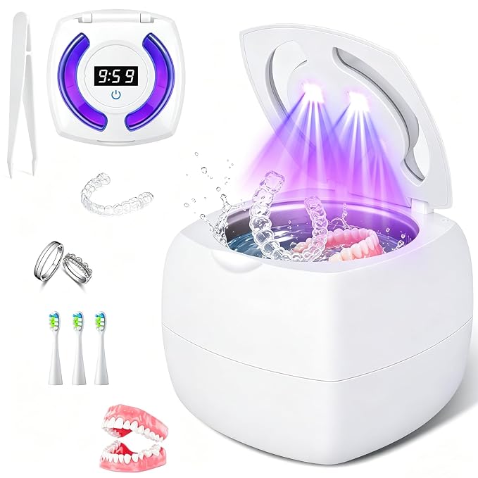 Ultrasonic Retainer Cleaner Machine, 340ml 48kHz Ultrasonic Cleaner for Retainers, Dentures, Mouth Guard & Jewelry, 4 Cleaning Modes,Large Capacity Tank,Portable Quiet Design with UV Light,White