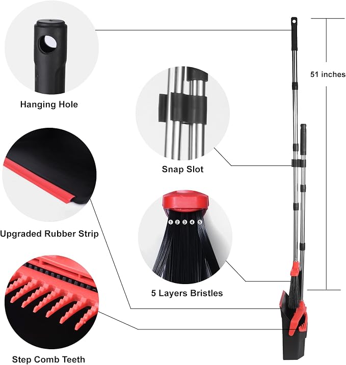 Tiumso Upgrade Broom and Dustpan Set, 51'' Sturdy Long Handle, Large Upright Stand Up Broom and Dustpan, ZeroGap Lip, Self-Cleaning Dustpan Teeth for Lobby Kitchen Office Floor - Black and Red