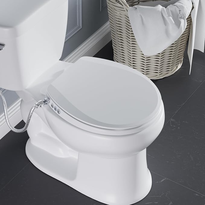 Clirass Bidet Toilet Seat, Soft Close Round Toilet Seat, Button control Feminine/Posterior Wash Switch, Knob Control Water Pressure,White Bidet Seat Attachment with Brass inlet