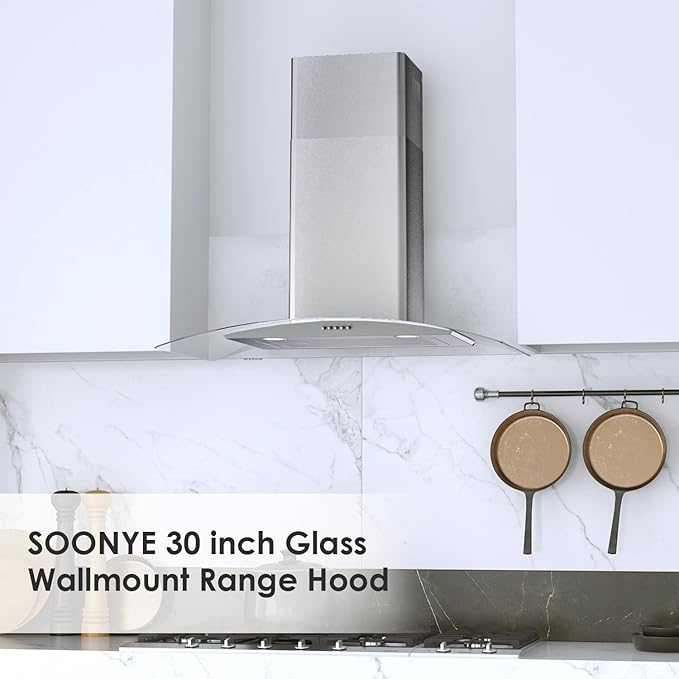 30 Inch Wall Mounted Curved Glass Range Hood with 450 CFM,Stainless Steel kitchen Ductless/Ducted Convertible with 3 Speed Controls,Permanent Baffle Filters and 2 LED Lights