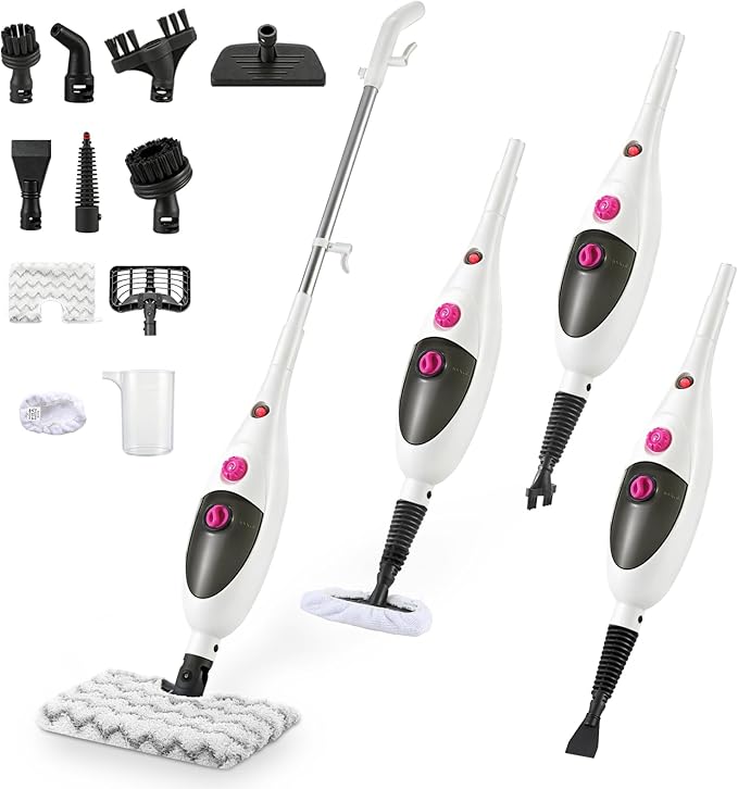 12-in-1 Steam Mop Cleaner, 15-Sec Fast Heat-Up, 1200W Floor Steamer with Double-Sided Pads, Removes 99.99% Stubborn Stains for Hardwood Floors, Marble, Clothes, Windows, Tiles, White