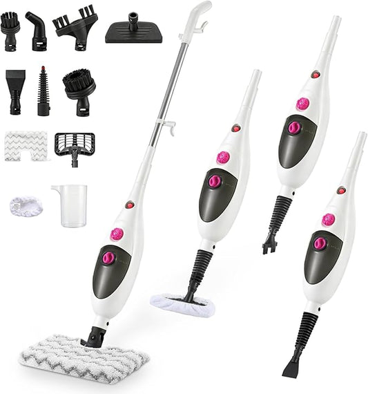 12-in-1 Steam Mop Cleaner, 15-Sec Fast Heat-Up, 1200W Floor Steamer with Double-Sided Pads, Removes 99.99% Stubborn Stains for Hardwood Floors, Marble, Clothes, Windows, Tiles, White