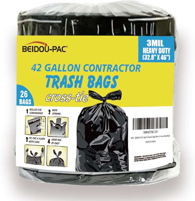 BEIDOU-PAC Contractor Heavy Duty Trash Bags 42 Gallon | 26 Count | 3 MIL | 32.8" X 46" | Large Black Flap Tie Construction Garbage Bags for Business Home Commercial, Industrial, Storage, Outdoor