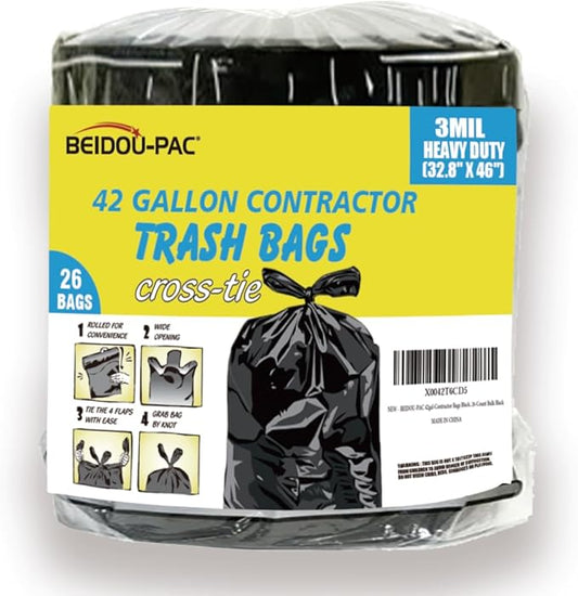 BEIDOU-PAC Contractor Heavy Duty Trash Bags 42 Gallon | 26 Count | 3 MIL | 32.8" X 46" | Large Black Flap Tie Construction Garbage Bags for Business Home Commercial, Industrial, Storage, Outdoor