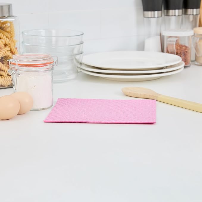 Restaurantware Swedish Dishcloths Pack of 200 Cellulose Reusable Absorbent Pink Kitchen Towels, Washable Quick-Dry Dish Towels, Sustainable Pink Cleaning Cloths Super-Absorbent Biodegradable Odorless