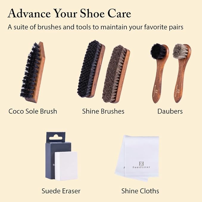 FootFitter Advanced Shoe Care Brush Set, Premium Horsehair Shine Brushes, Suede Eraser, Stiff Cleaning Brush & Shine Cloths for Polishing Leather & Suede Footwear (Made in Germany)