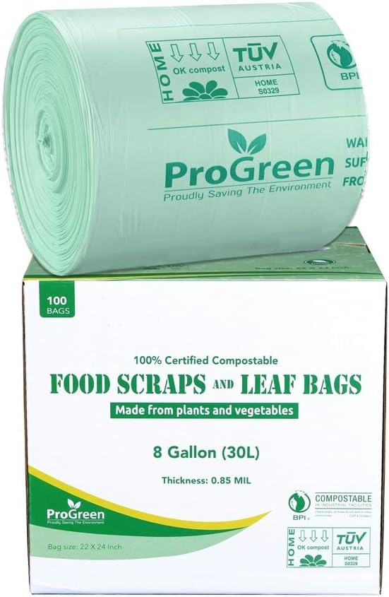 Compostable Trash Bags, Extra Thick, Compost Kitchen Bin Bags, Food Scraps Yard Waste Bags, ASTM D6400 BPI and TÜV AUSTRIA Certified (8 Gallon, Pack of 100)
