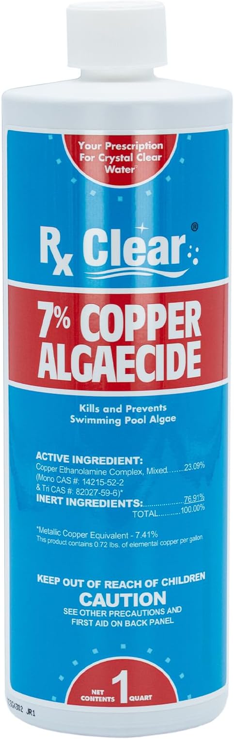 Rx Clear 7% Copper Algaecide | Kills and Prevents Algae for In-Ground and Above Ground Swimming Pools | Safe Formula for Swimmers | One Quart Bottles | Single Pack