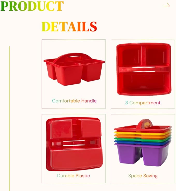 RAUVOLFIA Set of 6 Classroom Caddy, Small Plastic Storage Caddy with Handle for Classrooms, Home and Office Organization, 3 Compartment (Rainbow)