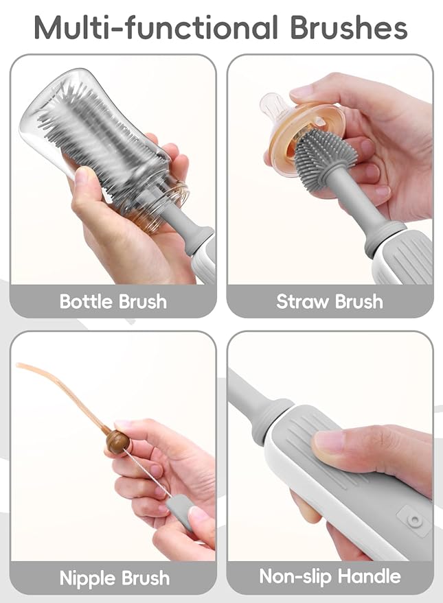 Yasew Electric Bottle Brush Cleaner, Baby Bottle Brush Travel Set, 360° Efficient Cleaning, 2000 mAh Battery, Travel Bottle Brush Set with Drainage Rack and Storage Box, Baby Travel Essential Grey