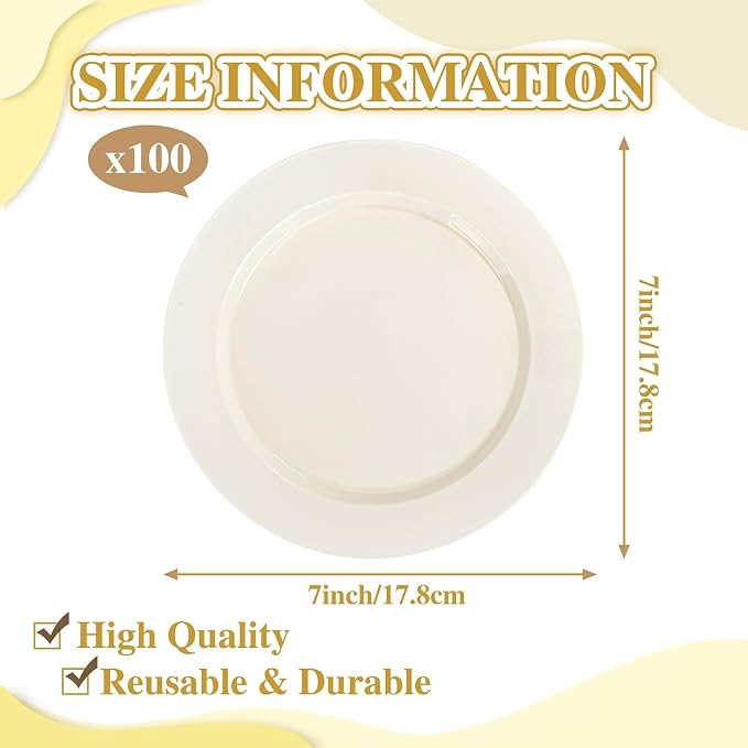 I00000 100 Pc Ivory Plastic Plates,7inch Small Cream Dessert Plates, Elegant Disposable Plate Perfect for Birthday, Wedding, Baby & Bridal Shower or Party (100 Guests)