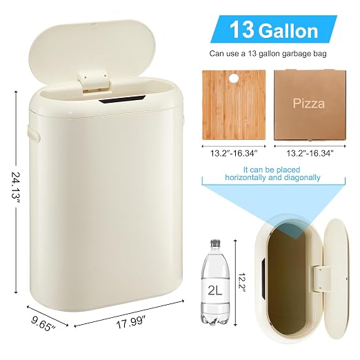Garvee 13 Gallon Automatic Sensor Trash Can with Motion Activated Lid - Touchless Kitchen & Bathroom Garbage Bin, Battery Powered Smart Can for Office/Bedroom (50L Capacity)