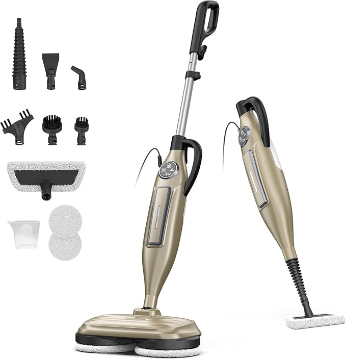 DEVOAC VM6 Scrubbing Steam Mop with Rotating Mop Pads, 10 in 1 Steam Mop, Lightweight Spin Mop & 3 Steam Modes for Hard Floor Laminate Marble Floors (Champagne)