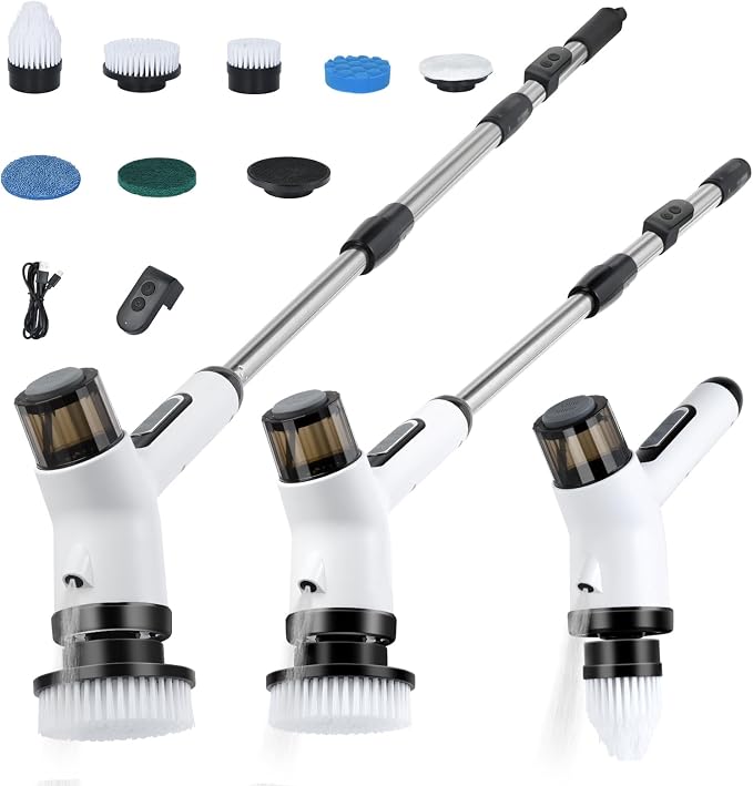 11 in 1 Electric Spin Scrubber Cordless Shower Scrubber with 2 Adjustable Speeds Spray Shower LED Display Shower Cleaner Brush with Long Handle for Bathroom Floor Tub Tile Toilet IPX7 Waterproof | Shower Scrubbe LED Display Shower Cleaner Brush with Lo...