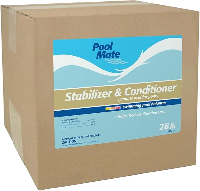 Pool Mate 28-Pounds Premium Pool Stabilizer and Conditioner, Concentrated Cyanuric Acid for Pools, Helps Chlorine Last Longer