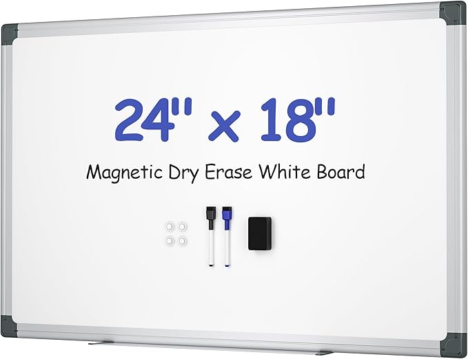 Magnetic White Board for Wall, 24" x 18" Dry Erase Board Kit with 2 Magnetic Dry Erase Markers, 4 Magnets, Eraser, Pen Tray & Mounting Kit – White Board Dry Erase for Home, Office, School