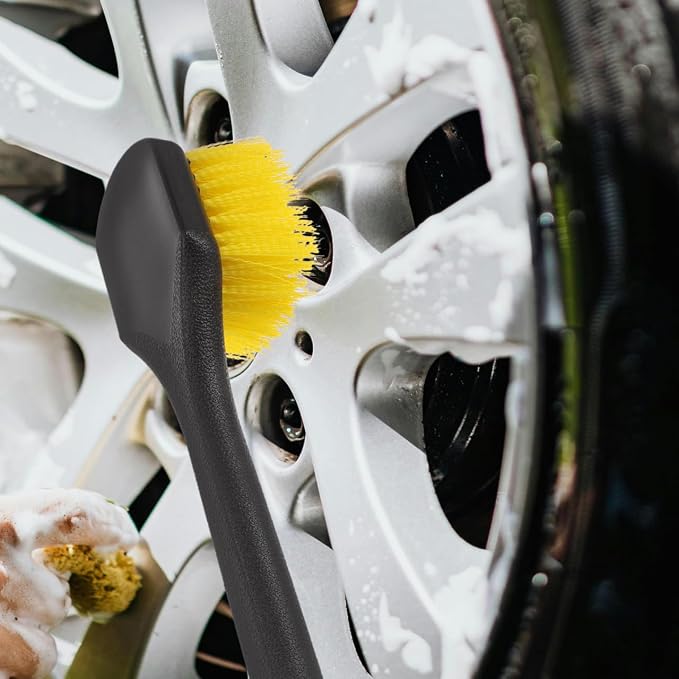 Long Handle Car Tire Brush with Heavy Duty Stiff Bristles for Wheel and Rim Cleaning Ergonomic Grip Car Wash Detailing Tool