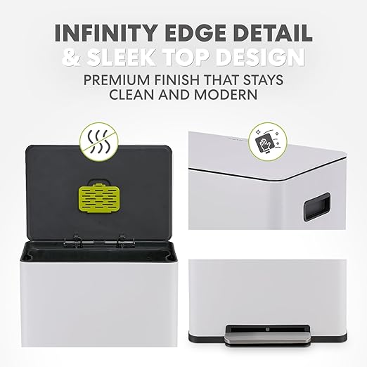 Simpli-Magic Infinity Edge 60 Liter / 16 Gallon Rectangular Hands-Free Extra Large Kitchen Step Trash Can, Soft-Close Single Lid Recycling Bin, Stainless Steel, White, 79680