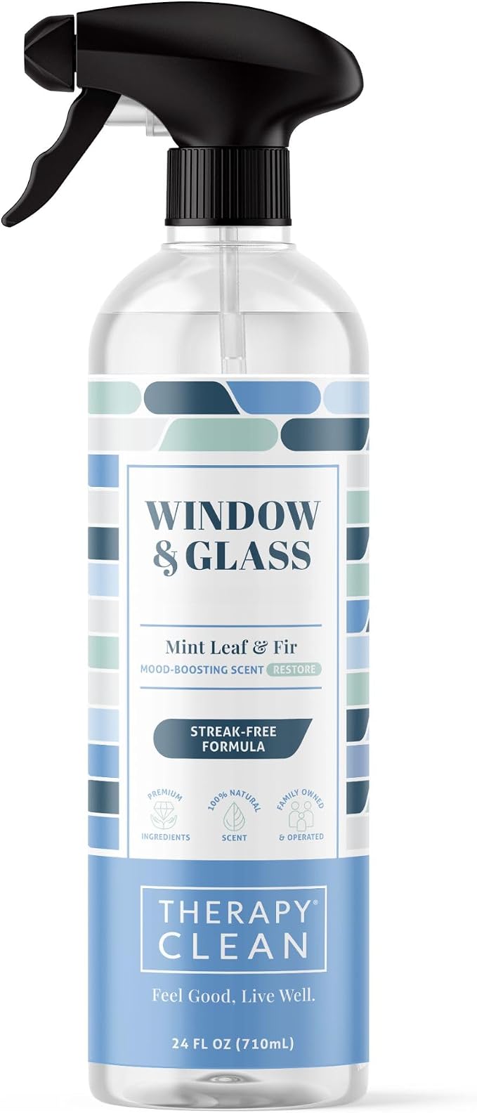 Therapy Clean Window & Glass Cleaner 24 oz. – Streak-Free, Ammonia-Free Mirror, Shower & Car Window Cleaner Spray for Indoor & Outdoor Use – Natural Vinegar Formula