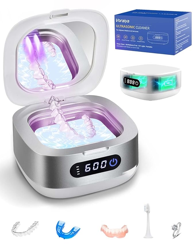 Voraiya Portable Ultrasonic Retainer Cleaner 4000mAh Rechargeable IPX6 Waterproof Retainer Cleaner Machine For Mouth Guard,Night Guard,Aligner,Small Denture Cleaning Pod For Teenagers,Adults,Travel