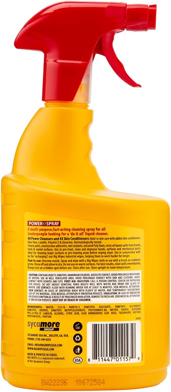 BIG WIPES Power Spray Heavy Duty Cleaning Solution for Tough Grime, Garage, Shop, and Professional Jobsite Use - 32 Ounces (1 Pack)