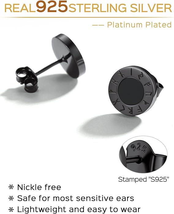 ChicSilver 925 Sterling Silver Viking Rune Natural Black Onyx Stud Earrings For Women Men