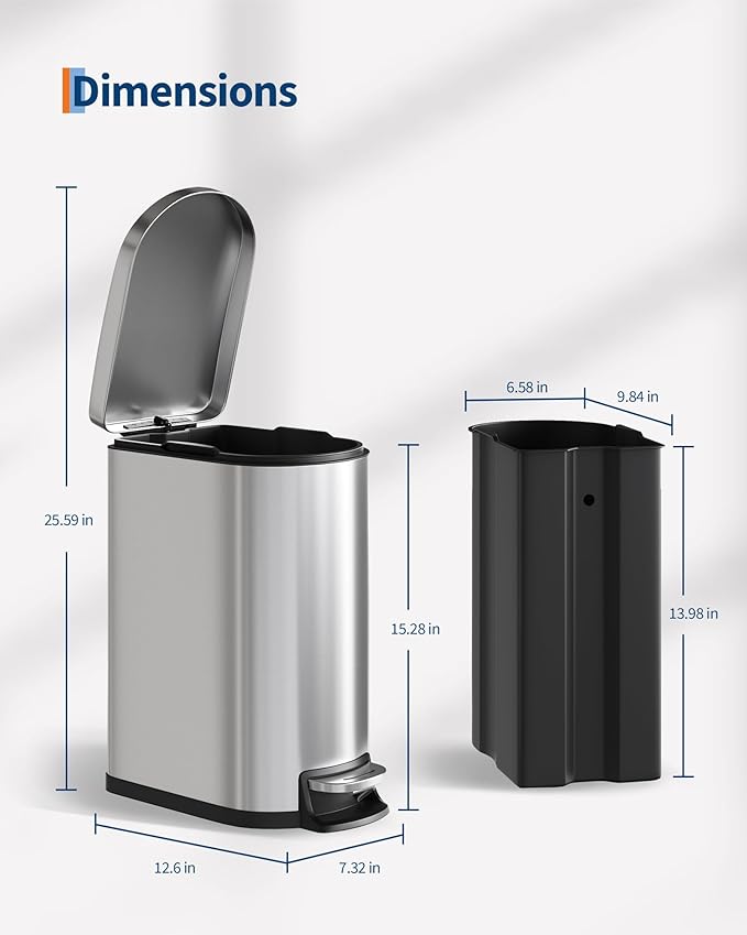 Bathroom Trash Can with Lid,2.6 Gallon / 10L Small Garbage Can, Slim Step-on Metal Trash Bin with Inner Bucket, Rear Handle, Soft Close Lid,Stainless Steel Wastebasket for Bathroom, Bedroom, Office