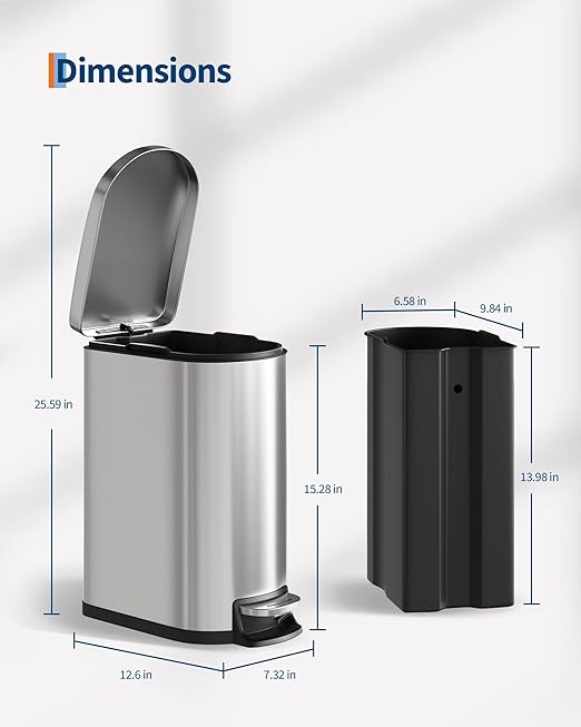 Garvee 2.6 Gallon / 10L Slim Stainless Steel Bathroom Trash Can with Lid, Step-On Pedal, Soft Close, Inner Bucket, Waterproof Small Garbage Bin for Bedroom, Silver